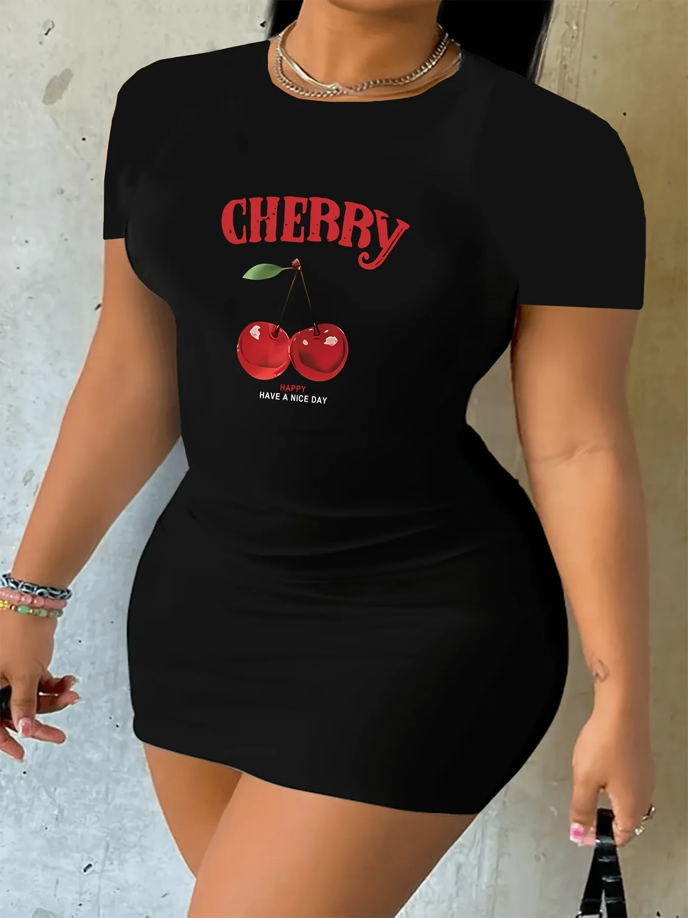 Grande taille femmes été cerise motif sportif décontracté lettre imprimé jupe à la mode de haute qualité pyjama ample robe d'étudiant