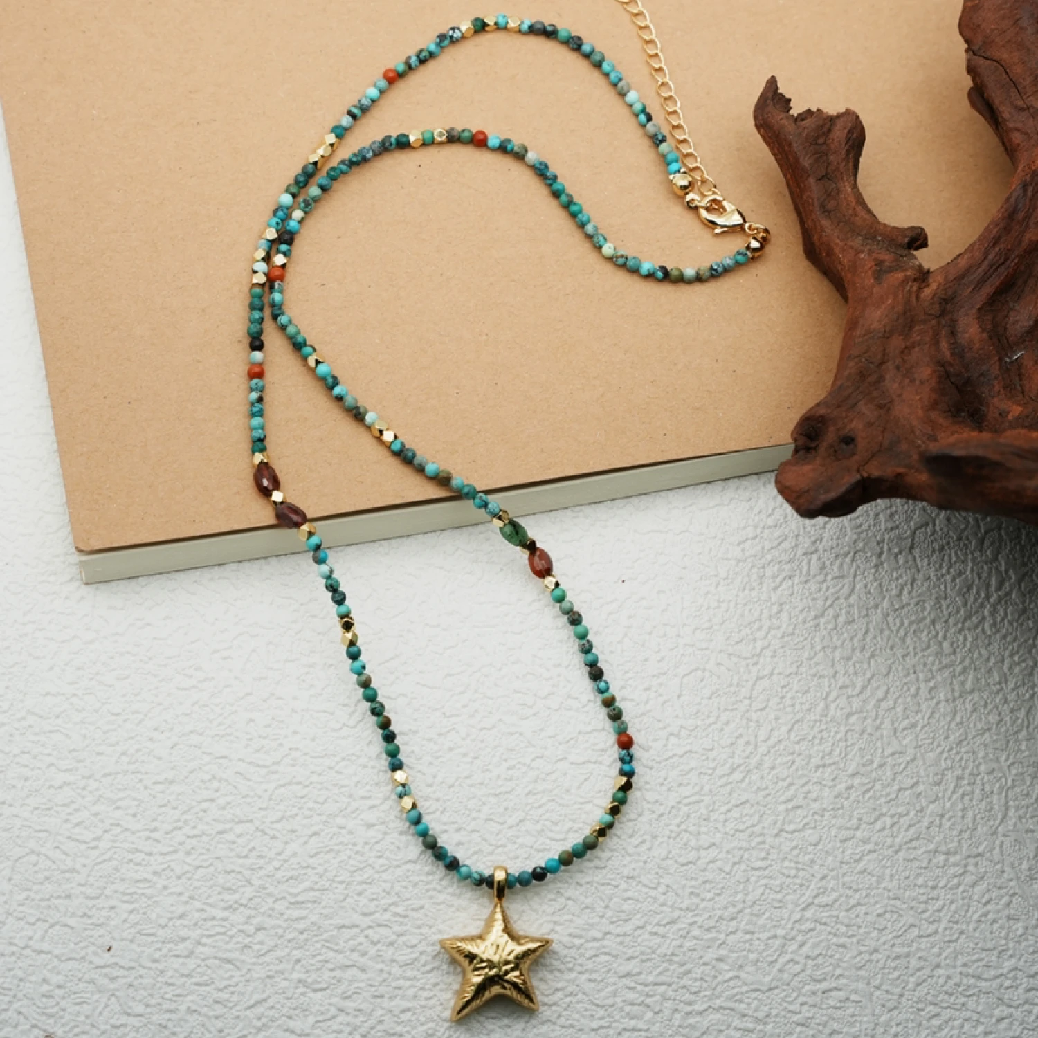 YAJUNIEL Natural Turquoise Gemstone Beads Necklace for Women Starfish Pendant 24K Gold Plated Hypoallergenic Adjustable Chain