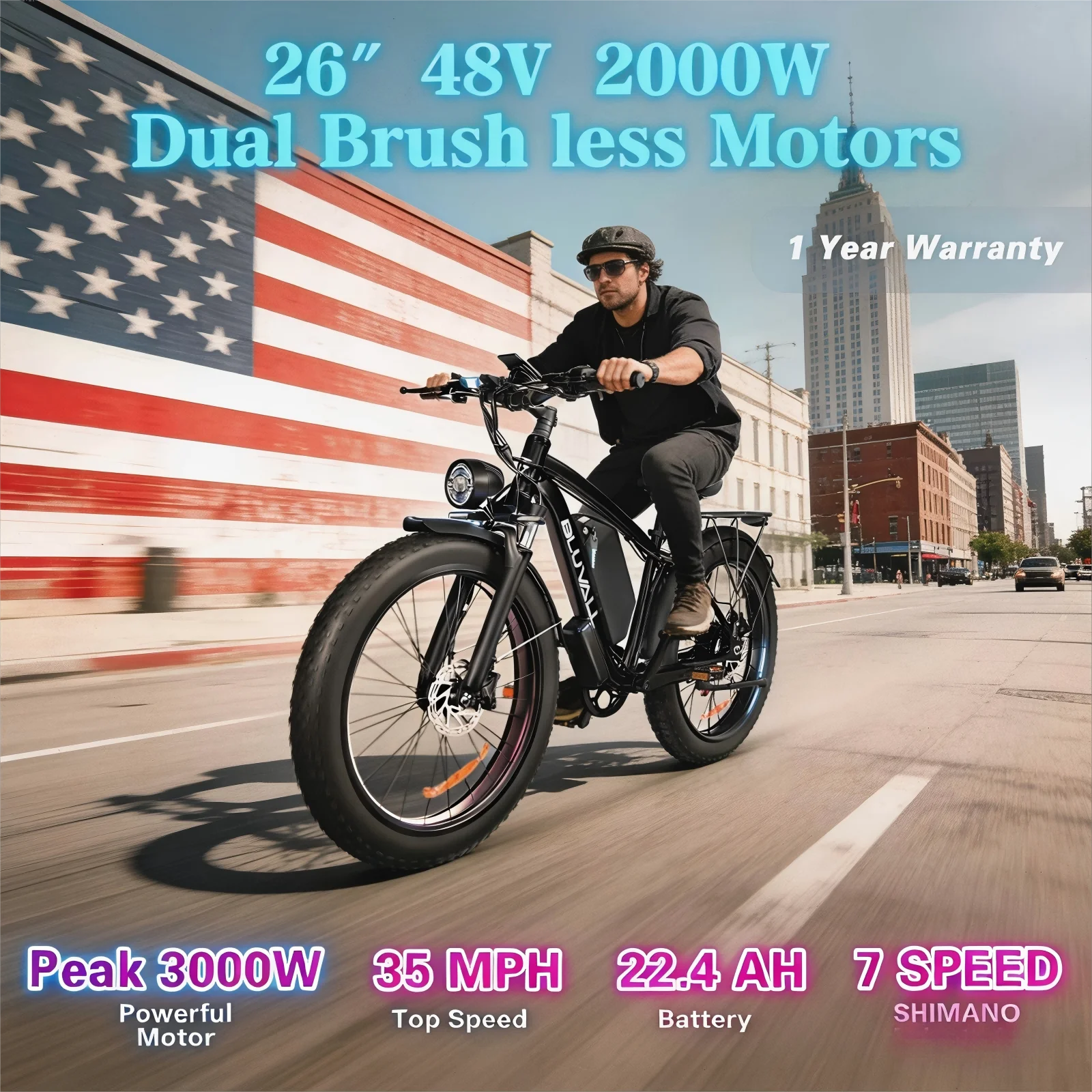 

US Snow/Rain Dual Motor Fat Tire E-Bike - 2000W 48V 80+ Mile Long Range, 35MPH Full Suspension Off-Road Electric Bike (Hot Deal)