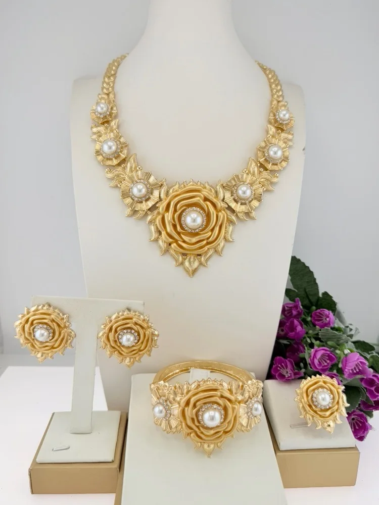 Geometric Fabulous Three Tone Flower Jewelry Statement Textured Necklace Bracelet Earrings Ring 4PC Jewellery for Wedding Party