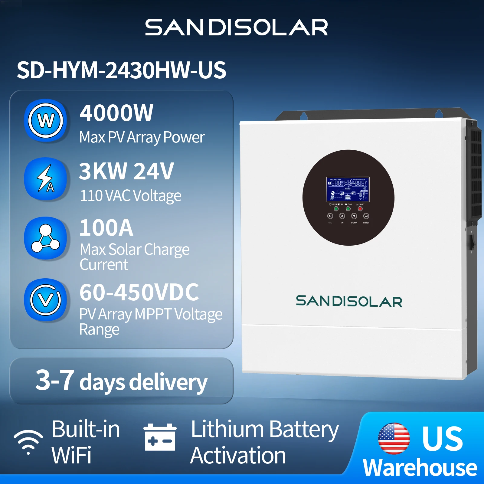 SANDISOLAR 3KW 24V Off Grid Pure Sine Wave Inverter