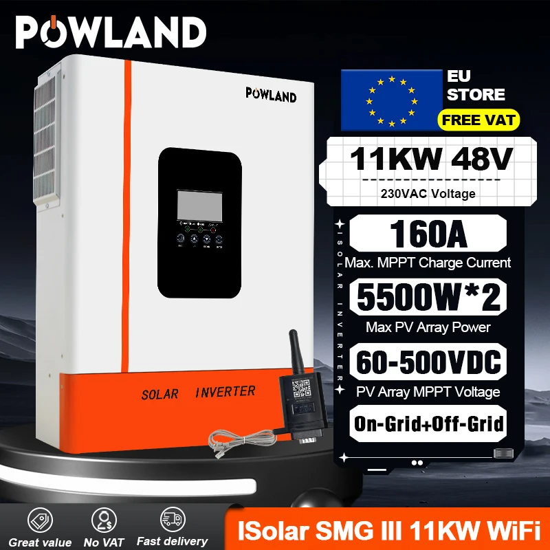 Powland 11KW 6.2KW 48V 4KW 24V Inverter solare ibrido Dual MPPT 160A Onda sinusoidale pura 230V Monofase On-grid Off-grid Senza TVA