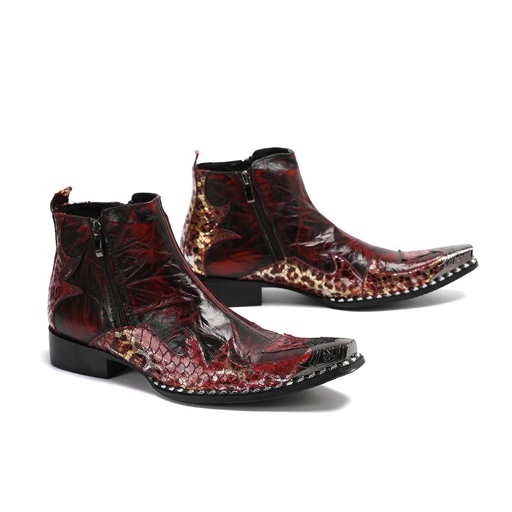 

2025 Red Snake Skin Pattern Zipper Ankle Boots Pointed Toe Pattern Metal Decoration Chelsea Boots Casual Wear Men Desert Boots