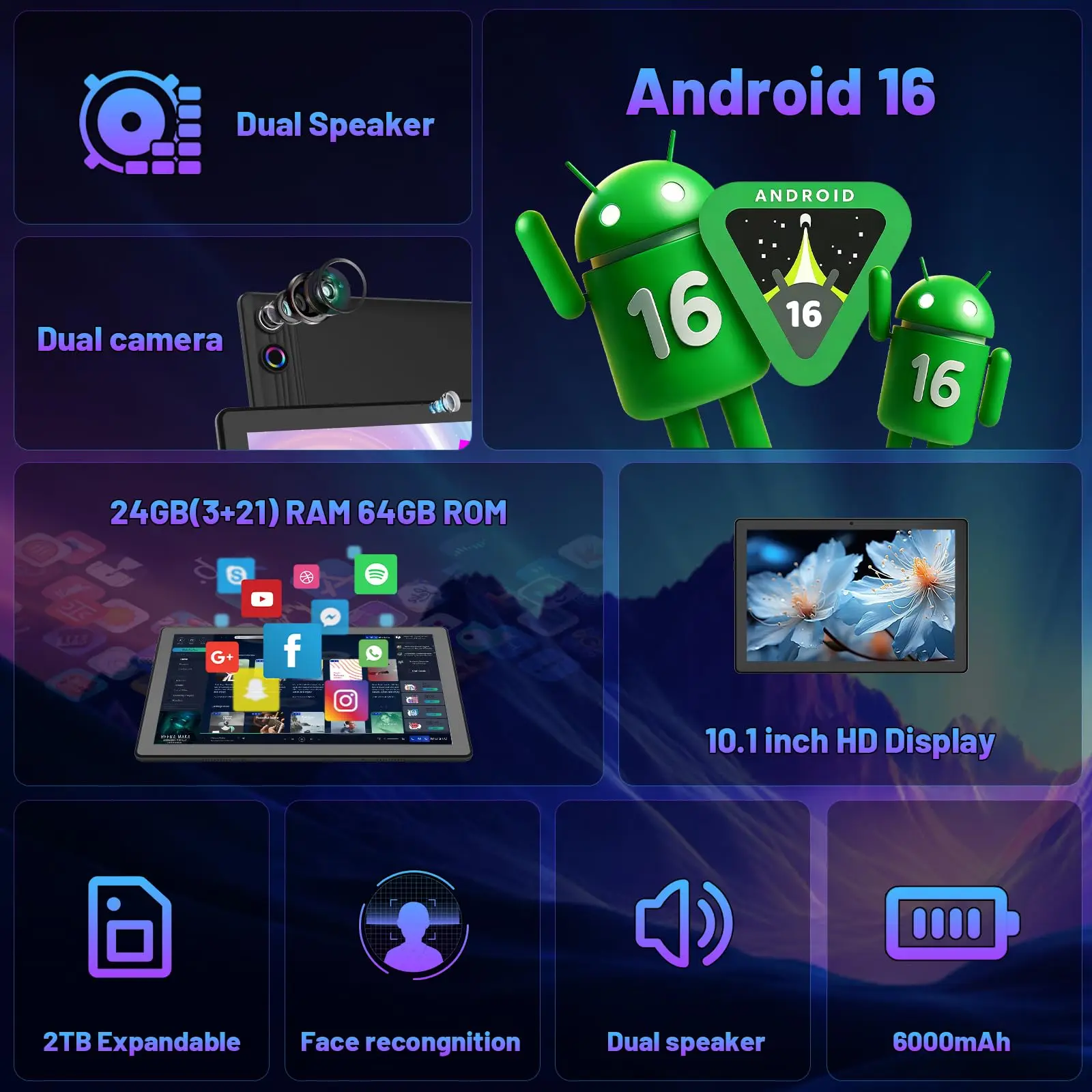10.1 Inch Android 16 Tablet Bundle Complete Set 24GB(3+21) Intelligent RAM 64GB ROM Support 2TB TF Expansion 1280*800 HD LCD Screen Widevine L1 6000mAh Battery Dual Camera Keyboard Mouse Case Stylus Earphones Charger Kit Black Tablet PC For Study Work