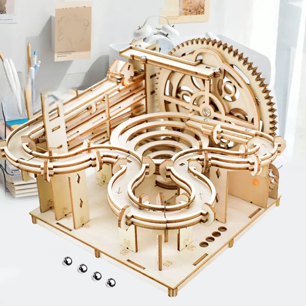 Drewniane puzzle 3D DIY Mechaniczne ręczne zestawy do budowania modeli Zabawki do montażu Zestaw marmurowy z 4 kulkami dla dorosłych Prezenty dla dzieci — zdjęcie 2