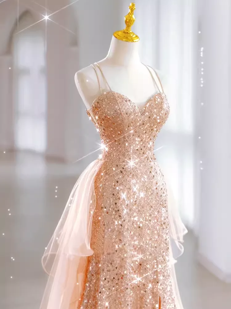 Rotterdam-Robe de Soirée Longue en Tulle avec Col en V et Fente Latérale, Tenue de Mariage à Paillettes, Bretelles Spaghetti, 2024