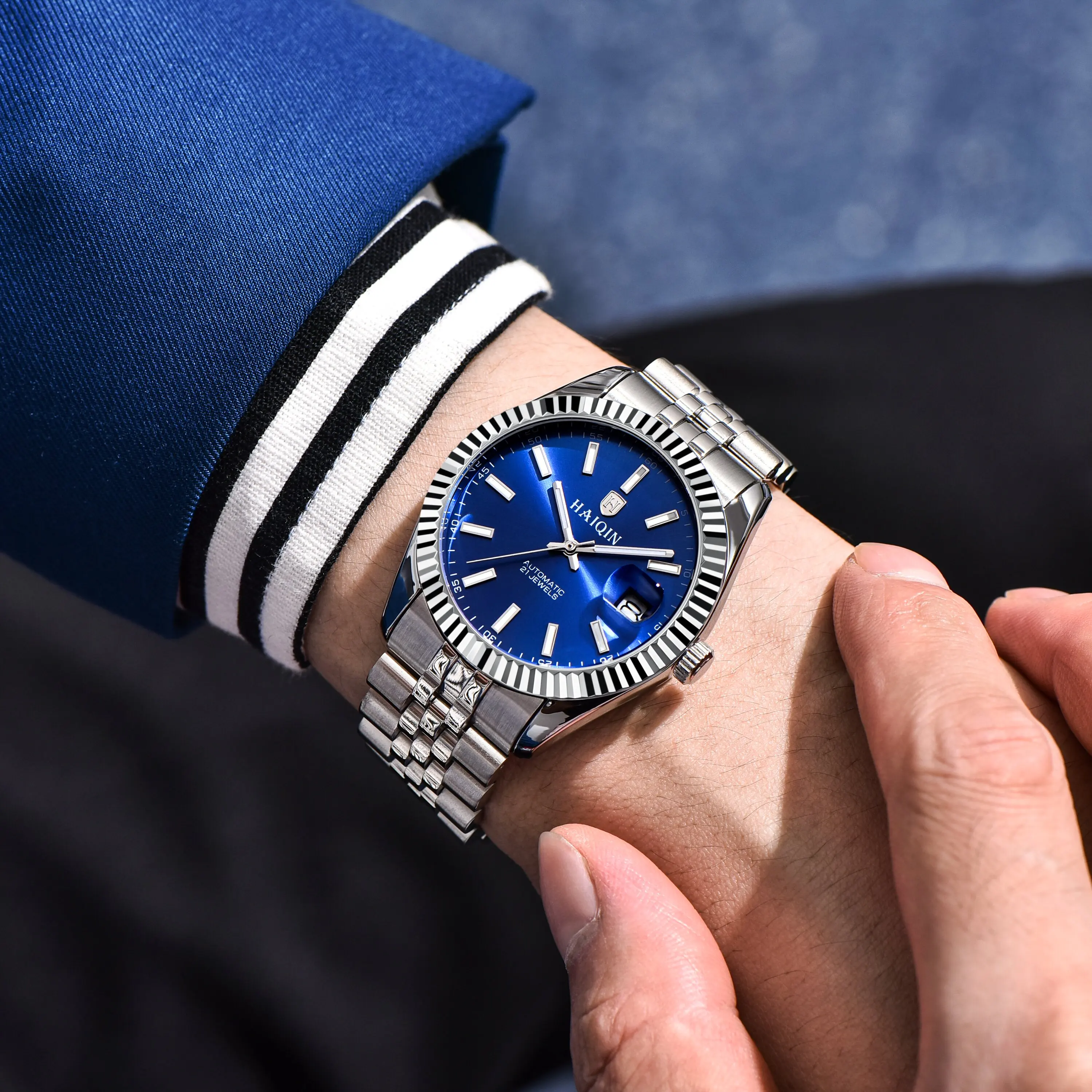 HAIQIN Elegant Refined Mens Mechanical Watches Fluted Bezel Stainless Steel Date Waterproof Watch For Business & Daily Occasions