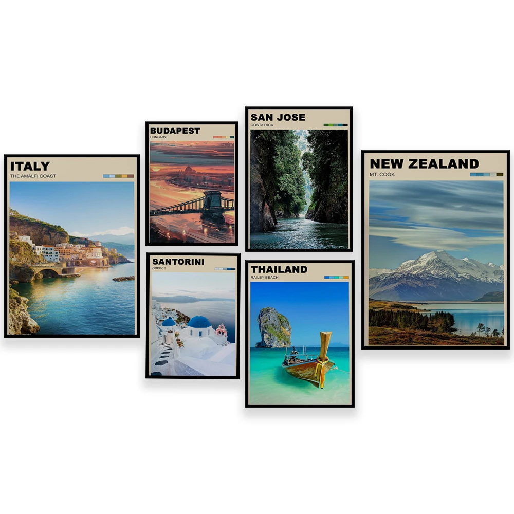 Budapest, Prague Czech Republic, Greece, Amalfi Coast, Mount Cook New Zealand, Lisbon, Railay Beach Thailand World Travel Poster