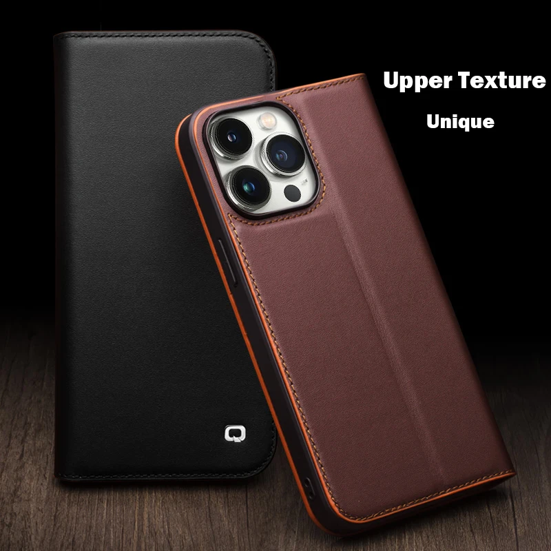 QIALINO Genuine Leather Flip Case for iPhone15 Plus Bracket Handmade Business Cover with Card Slots for iPhone15 Pro Max/15 Pro