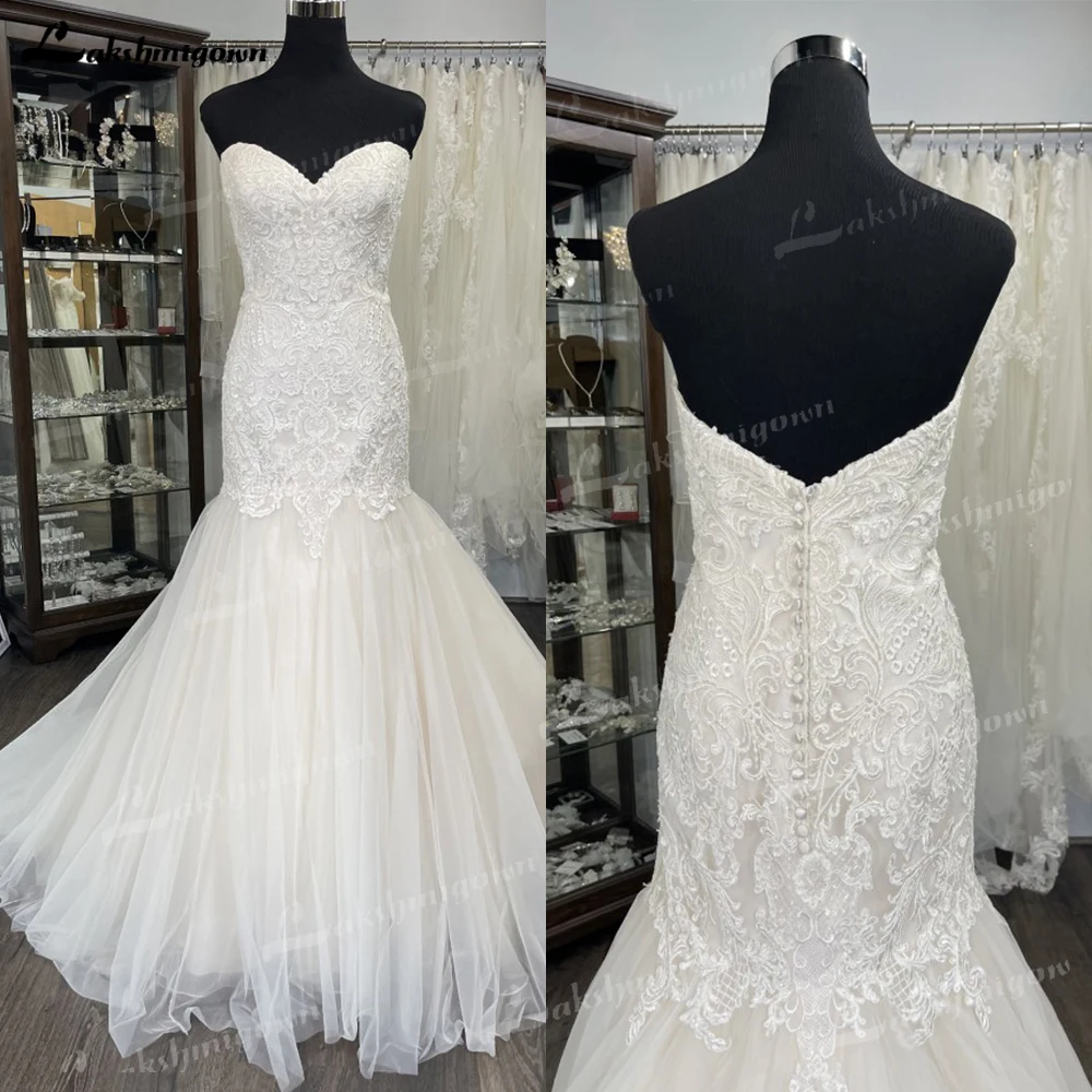 Beautiful Wedding Dress Sweetheart Strapless Lace Luxurious Bridal Gown Zipper Tulle Fit & Flare  Floor Length Custom Made