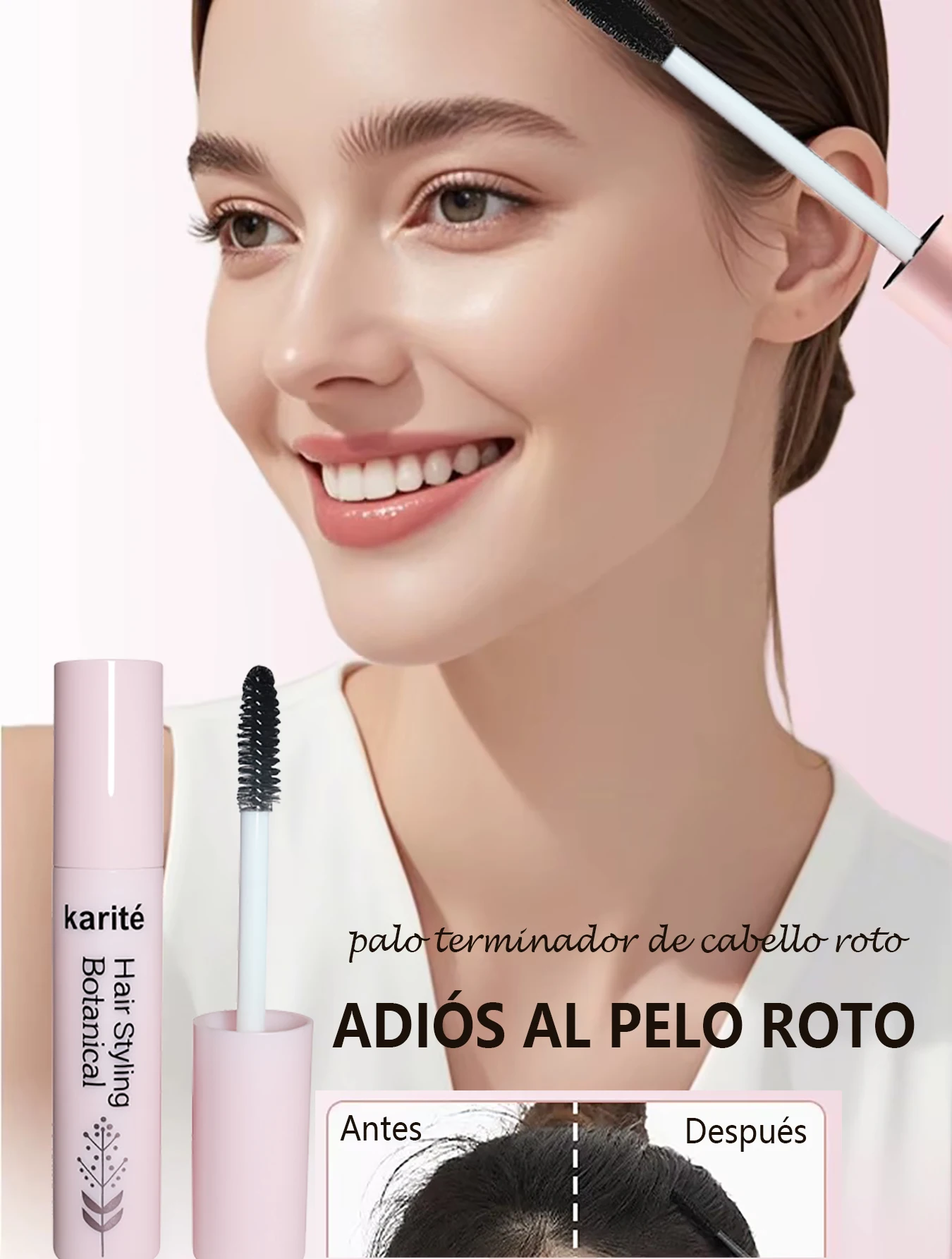 Karité Botanical Hair Styling Cream, gel fijador antifrizz con cepillo máscara, controla cabellos sueltos y rotos, acabado natural y duradero, ideal para coletas, chongos y uso diario sin residuos ni grasa