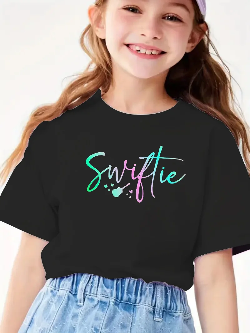 Children SWIFTIE Letter Printing Girl Crew Neck Short Sleeve T-shirt, Girls Summer Outdoor Short Sleeves Tops 3-14years