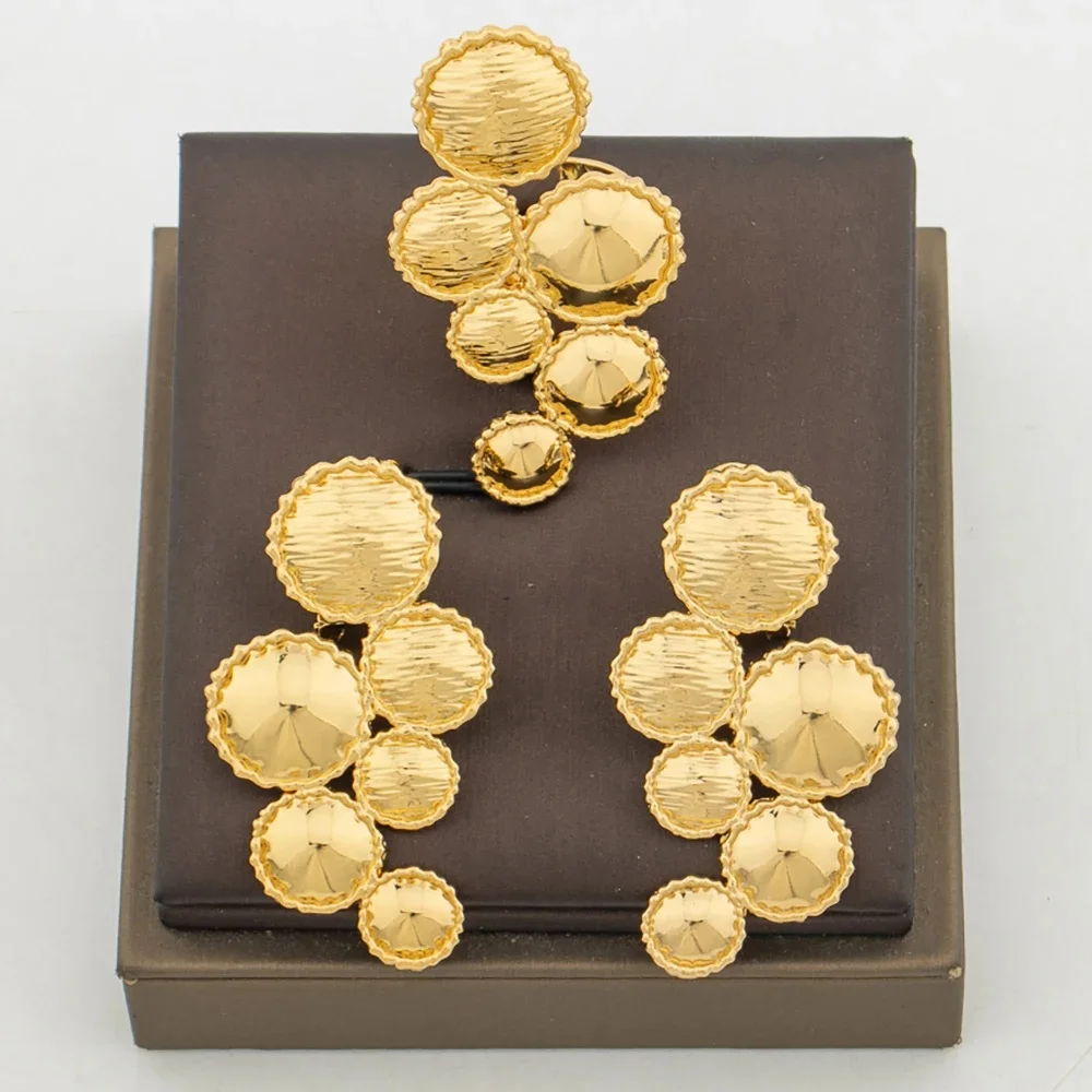 YM Boucles d'oreilles documents en or de Dubaï avec ensemble de matiques pour la fête, boucles d'oreilles à breloques élégantes pour les mariages, bague de cocktail, cadeau de fiançailles, ensemble de 2 3