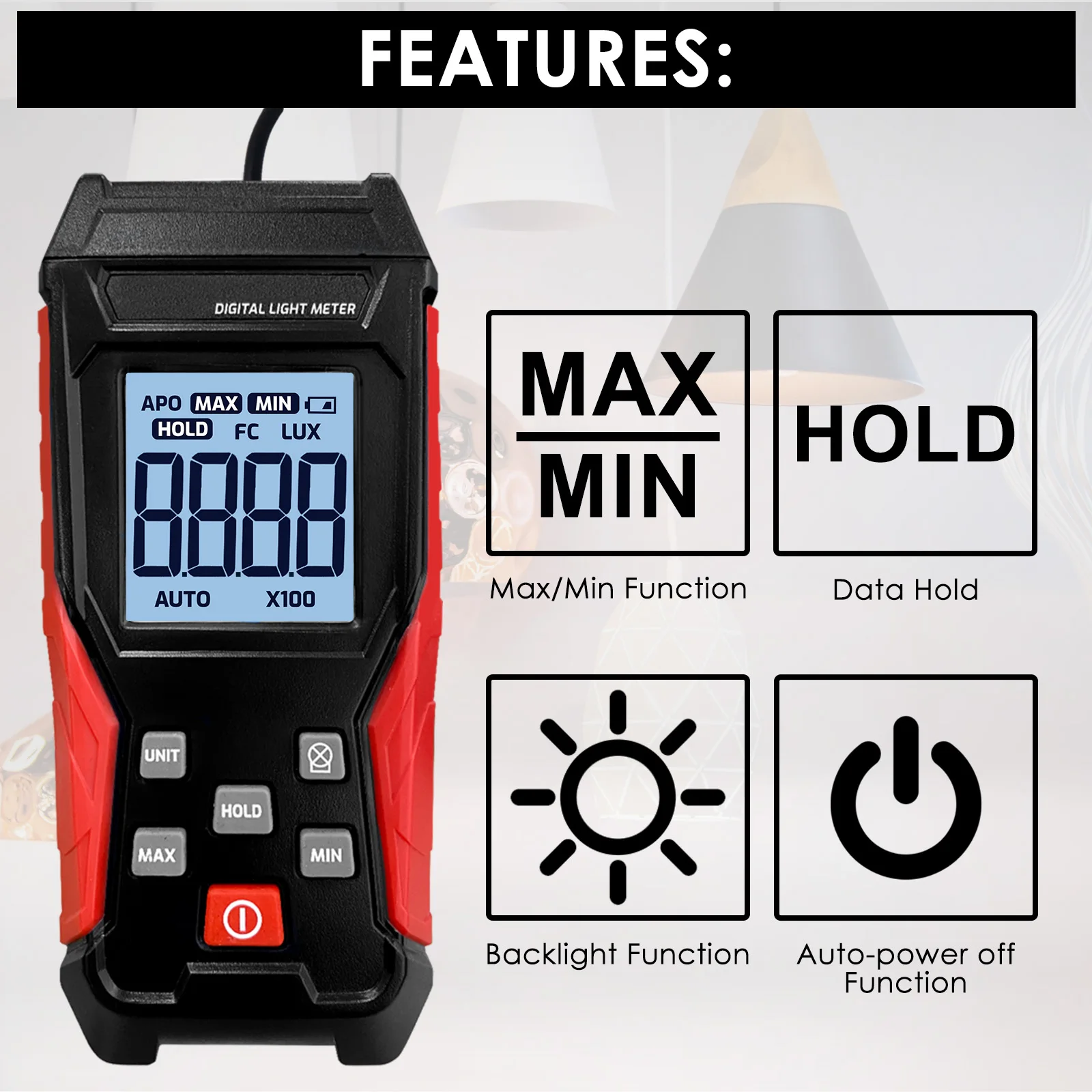 Digital 200000Lux Light Lux Meter Split Type Illuminance Meter Backlight Function for Photography Factory School Hotel Hospital