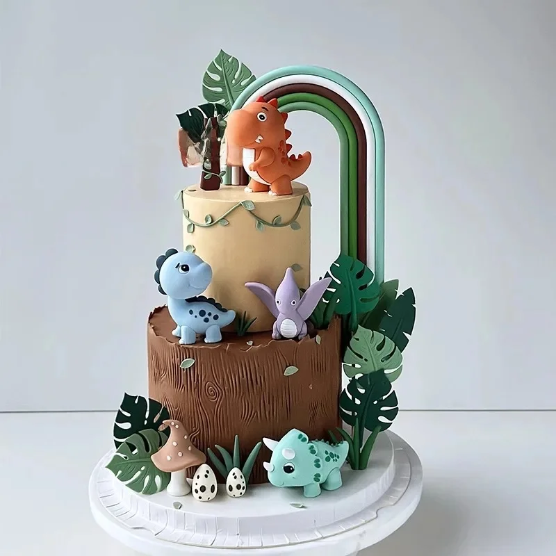 Décorations de gâteau de dinosaure sur le thème de la forêt, figurines de dinosaures jurassiques avec garnitures de signe arc-en-ciel vert pour anniversaire et baby showers