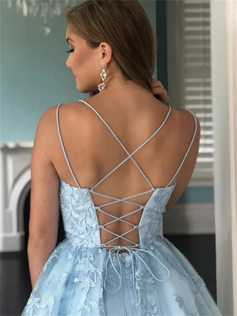 A-Line Spaghetti Straps Sleeveless Short Dresses With Lace Appliqued Tulle Graduation Dress Sweetheart Prom Gowns Party