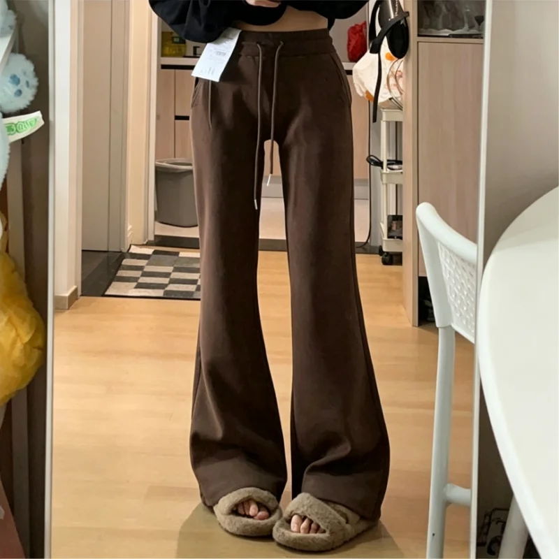 Hotsweet Low Rise Flared Pants Spring Autumn New Women Straight Leg Sweatpant Drawstring Slim Fit Trousers Lady Solid Long Pants