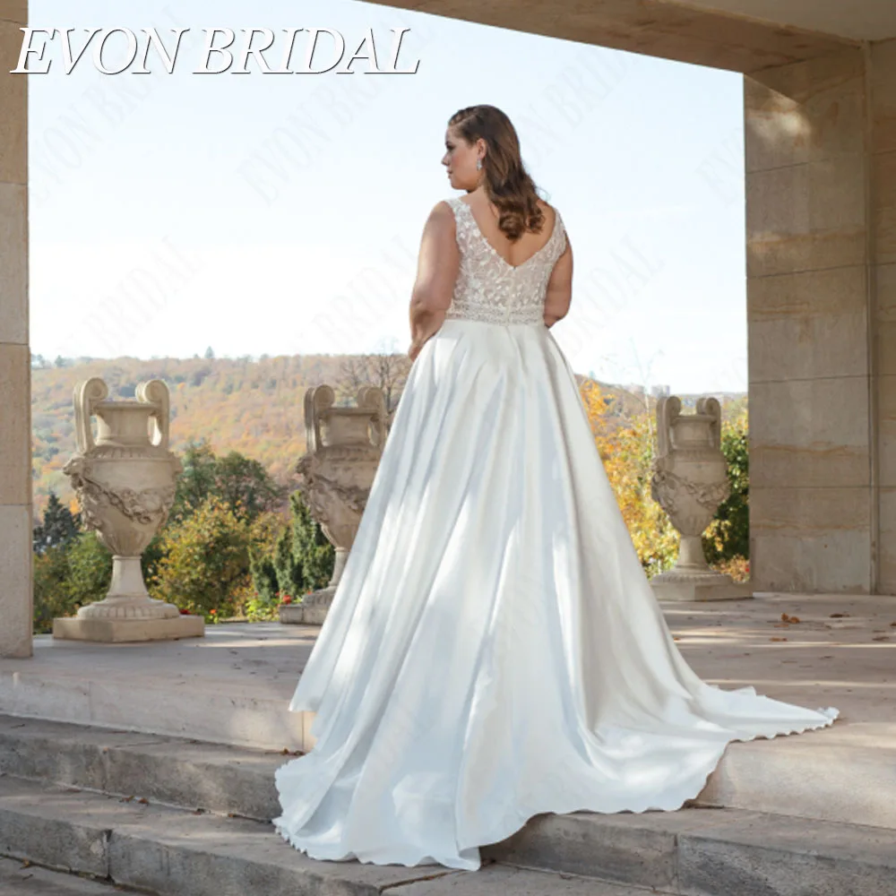 EVON BRIDAL Vintage Spaghetti Träger Brautkleid Plus Größe V-AusschnitEvon Braut Vintage Spaghetti träger Brautkleid plus Größe V-Ausschnitt Satin A-Linie Vestidos Novias Boda Brautkleid Applikation benutzer definierte