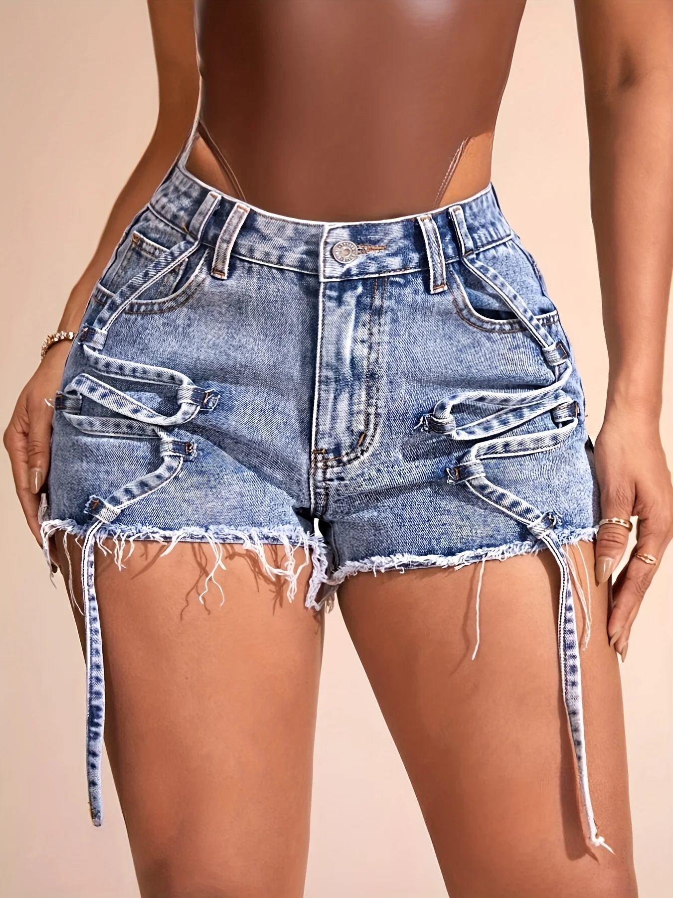 Women's Stylish Mid-Rise Slim Fit Frayed Denim Shorts - Light Wash Raw Hem Distressed Details - Elegant Summer Jean Shorts for C