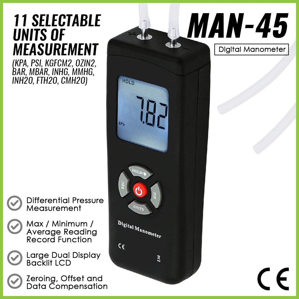 

Digital Manometer With Backlight 11 units +/- 13.78kPa +/- 2PSI Pressure Measuring Air Vacuum/Gas Differential Pressure Meter