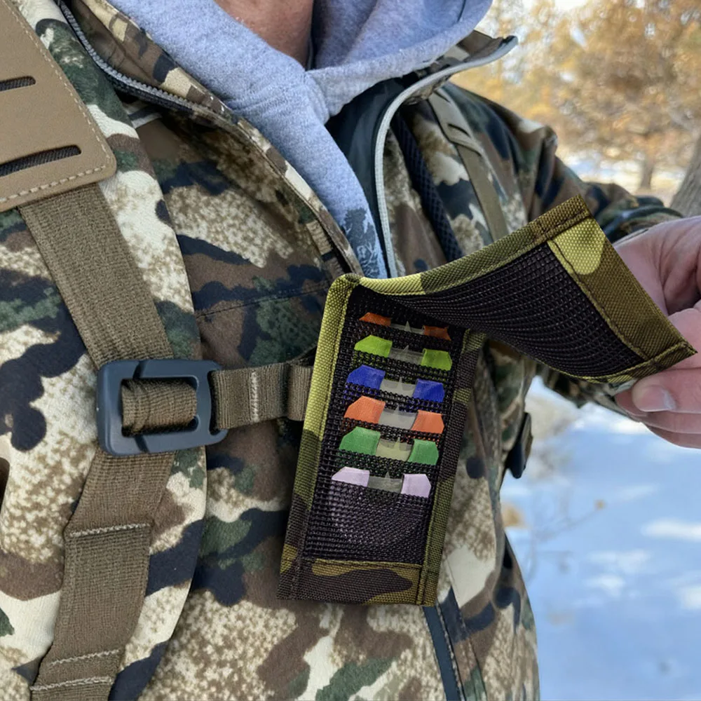Camo Mouth Call Organizer , Elk & Turkey Hunting Holds 6 Diaphragm Reeds with Magnetic Flap Attaches to Pack, Worn with Lanyard