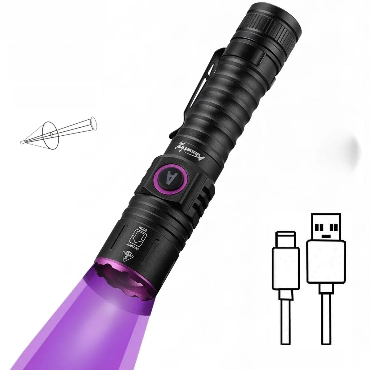 Zoom UV LED-zaklamp 365 395 nm Type-C Opladen Onzichtbare inkt Marker Kat Hond Urine Tinea Erts Geld Schorpioen Fluorescentie Licht - afbeelding 2