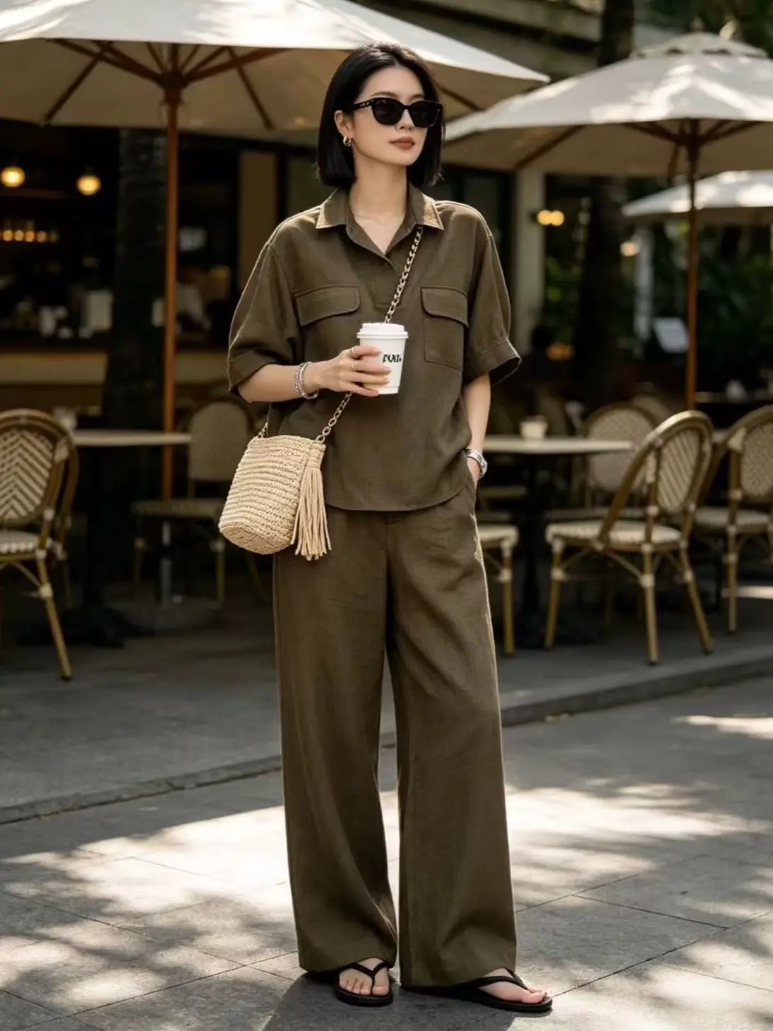 

Commuting and vacation style linen short sleeve shirt and wide leg pants set