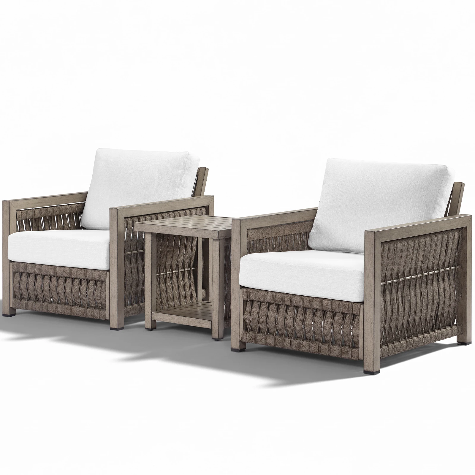 

SeeHill 3-Piece Patio Bistro Set, Aluminum Rope Weave Sofa Chairs with Cushions and Side Table, Outdoor Garden Set, Gray Oak