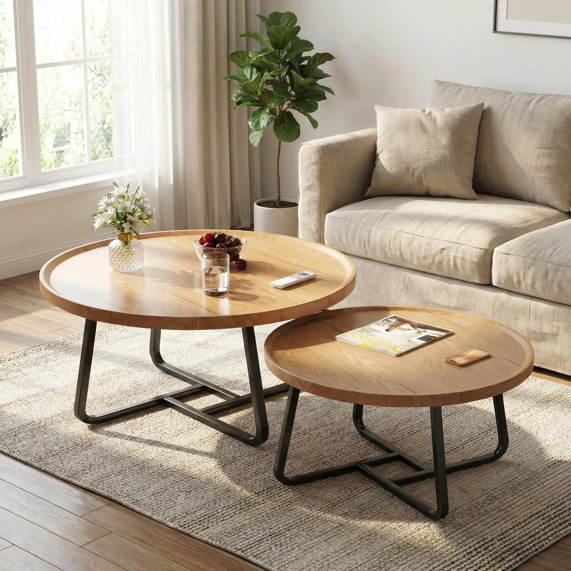 Set di 2 tavolini da caffè in stile mid-century, salvaspazio: tavolini rotondi in legno con design a listelli e finitura effetto marmo, struttura in metallo resistente, versatili per soggiorno, camera