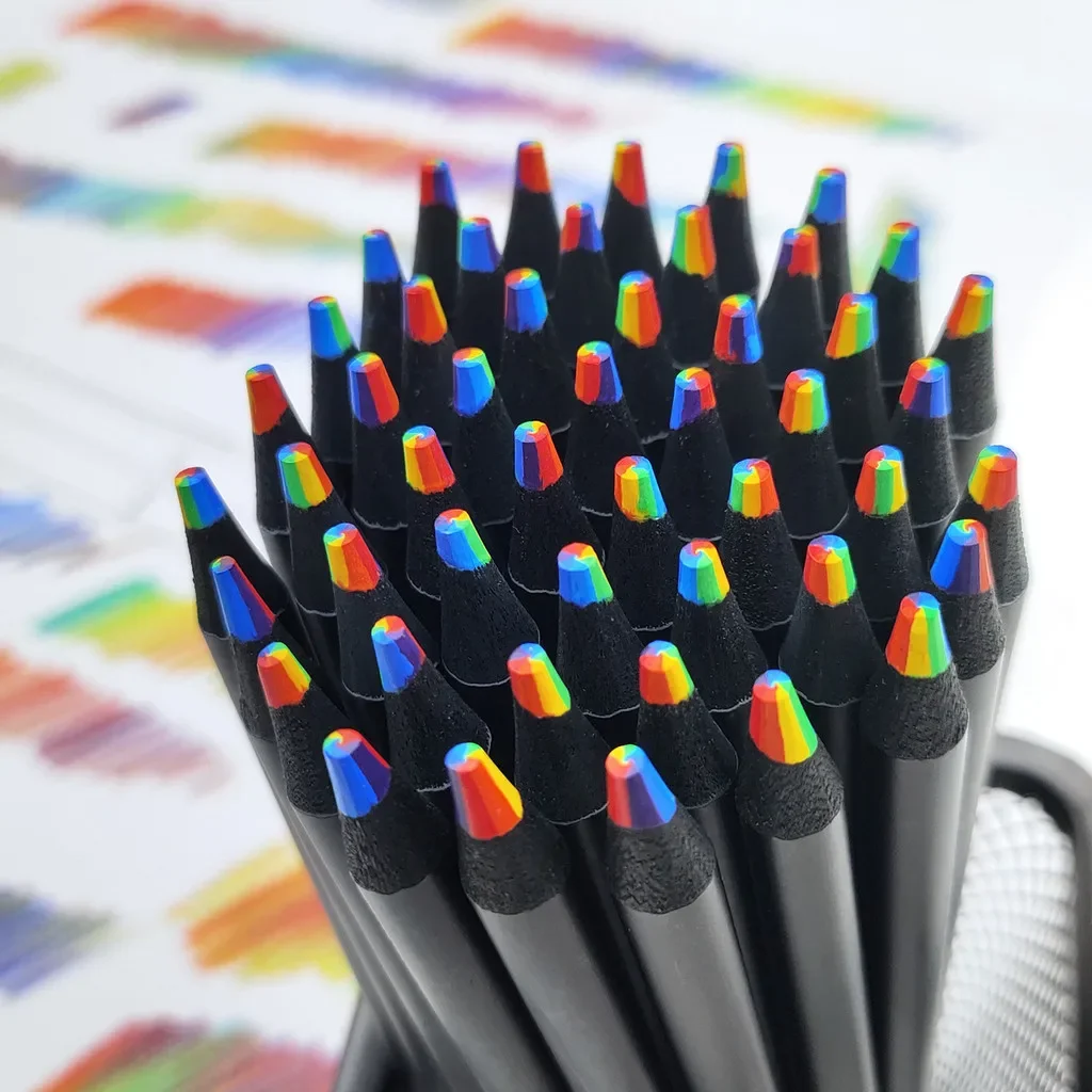 5/10 pièces 7 couleurs kawaii bois noir arc-en-ciel noyau crayon de couleur outil de dessin crayon en bois fournitures d'art papeterie fournitures scolaires