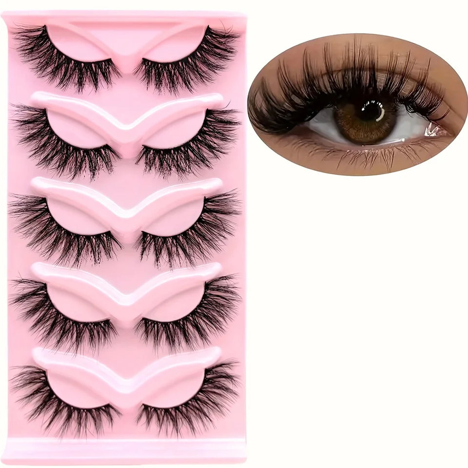 5 pares de pestañas ojo de gato 3D naturales postizas, esponjosas suaves cruzadas con banda transparente, pestañas manga esponjosas para maquillaje 2