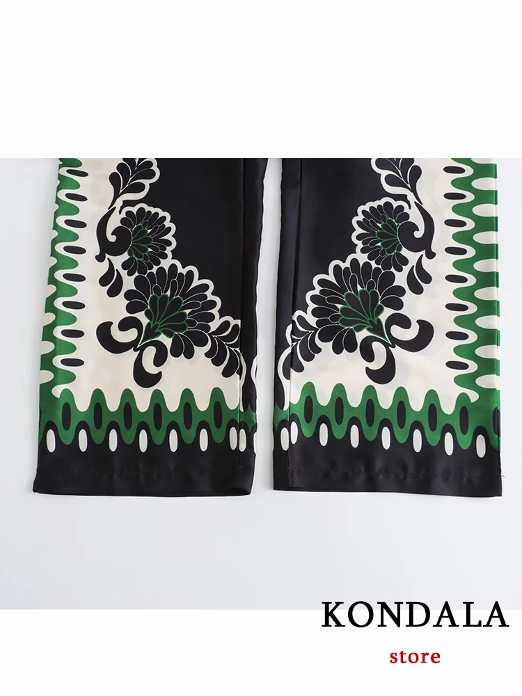 KONDALA Vintage Print Green Fashion 2023 Autumn Suit Single Breasted Pocket Loose Shirt Wide Leg Zipper Pants Women Holiday Set