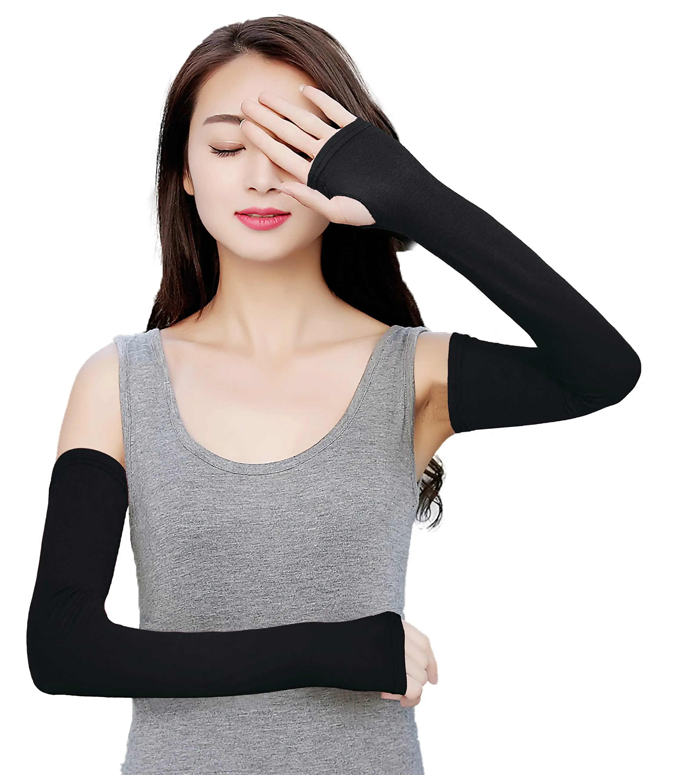 

Black Outdoor Sun Protection Arm Sleeves, Soft Fingerless Long Cooling Sleeves for Women UV Block