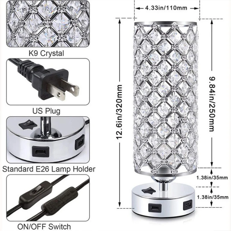 Imagem -03 - Cristal Abajur de Cabeceira Carregamento Usb Duplo para Quartos Sala e Lounge