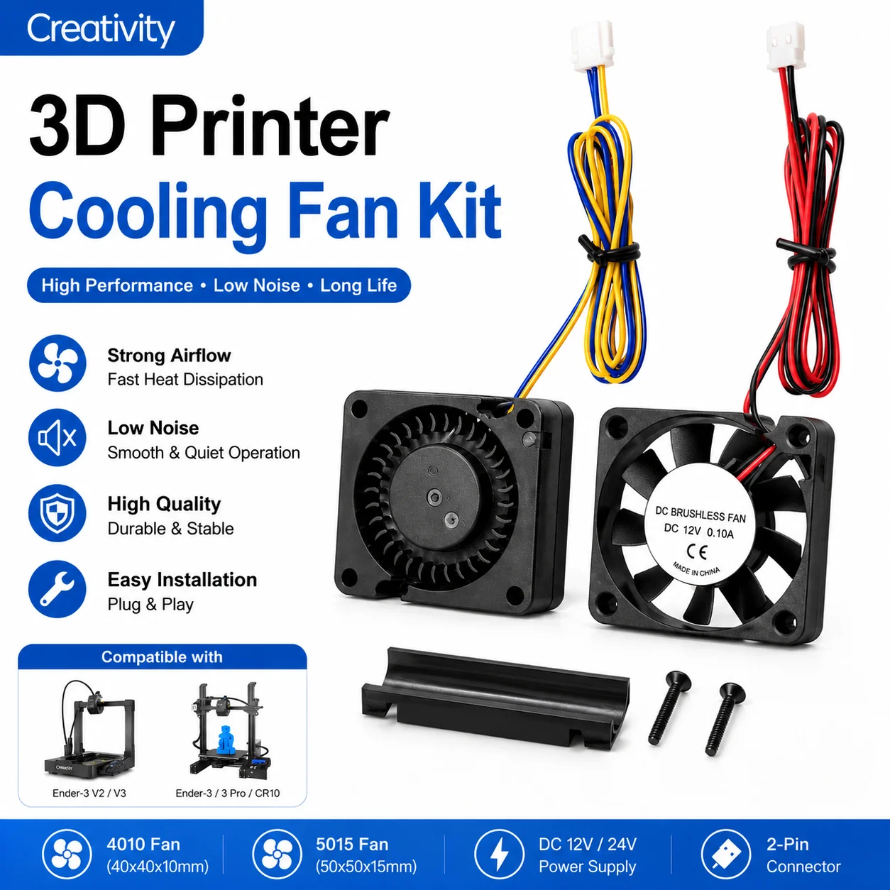 3D Printer Fan 4010 5015 Fan DC 12V 24V Black Plastic Extruder Cooling Fan for Ender 3 V2/ Ender 3/ Ender 3 Pro/ CR10 3D Printer