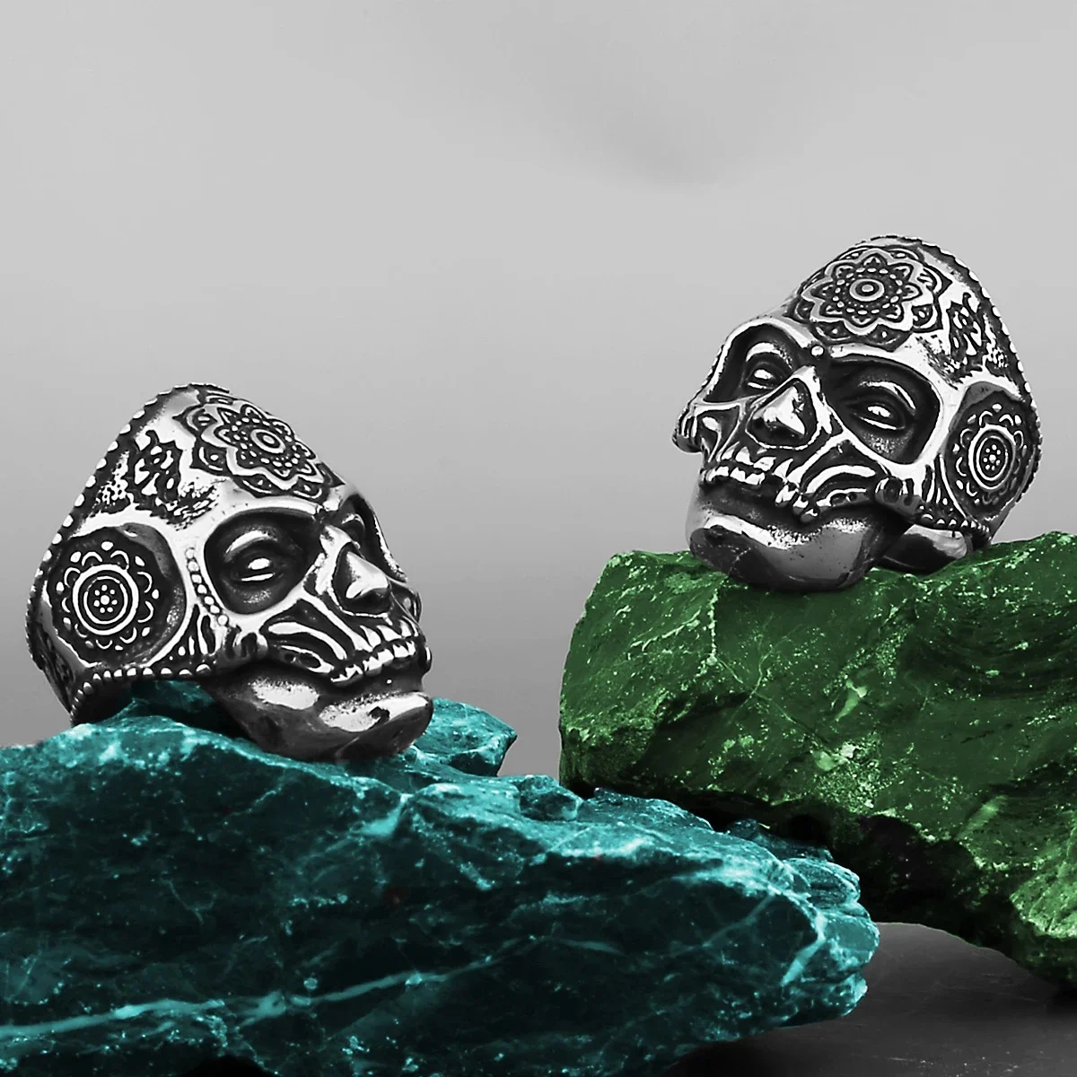 AliExpress Unique 316L Stainless Steel Heavy Sugar Skull Ring Men's Mandala Flower Santa Muerte Cyclist Jewelry Wholesale