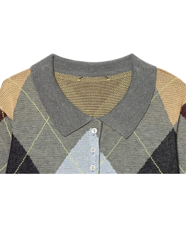 HH Women Spring Fall Argyle Knit Polo Shirt Collared Half Button Long Sleeve Ribbed Hem Preppy Diamond Pattern Sweater For Daily