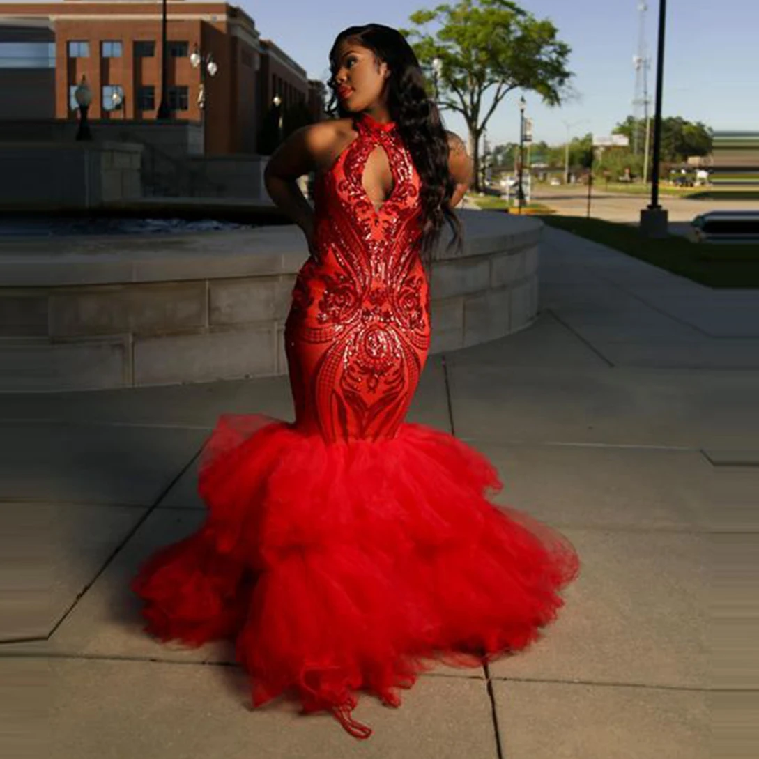 

New Sexy Mermaid Style High Neck Ruffles Tulle Sparkly Red Sequined Black Girls Long Prom Dresses 2022