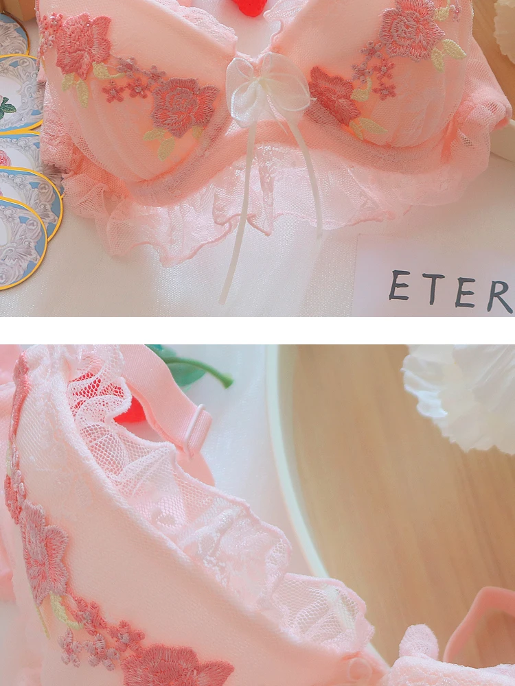 Sweet girl underwear suit lace water soluble flowers comfortable with steel rings gathered lingerie panty sets large size bra