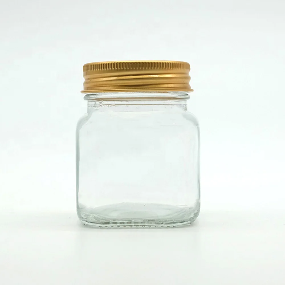 الحفاظ على جرة تعليب الصلصة جرة زجاجية مربعة مع غطاء ألومنيوم MOQ500 مخصص متوفر في صندوق الولايات المتحدة #5