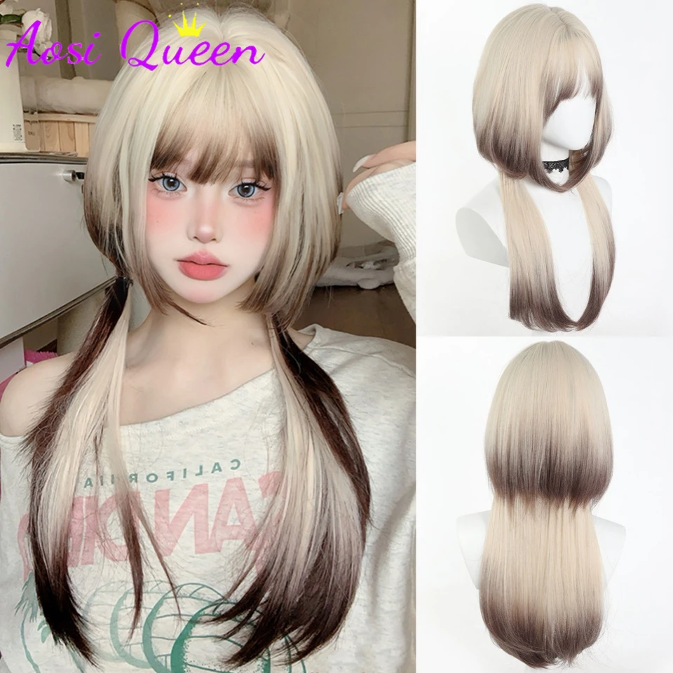 

AOSIQUEEN Синтетический парик Ombre Бежево-коричневый Hime с челкой на голове Пушистый синтетический женский парик для косплея Лолиты для повседневной вечеринки