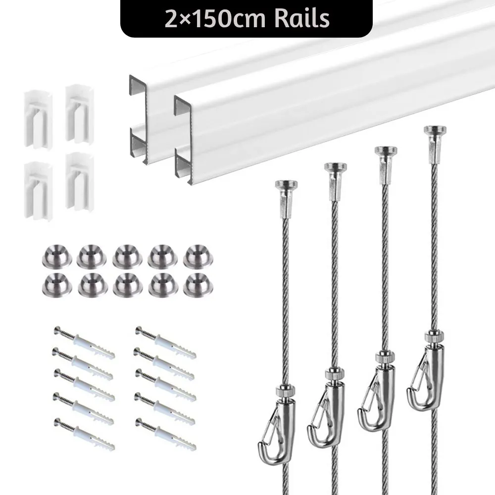 picture hanging system com click rail dois de trilhos brancos 150cm cabos ganchos ganchos sistema suspenso conjuntos 01