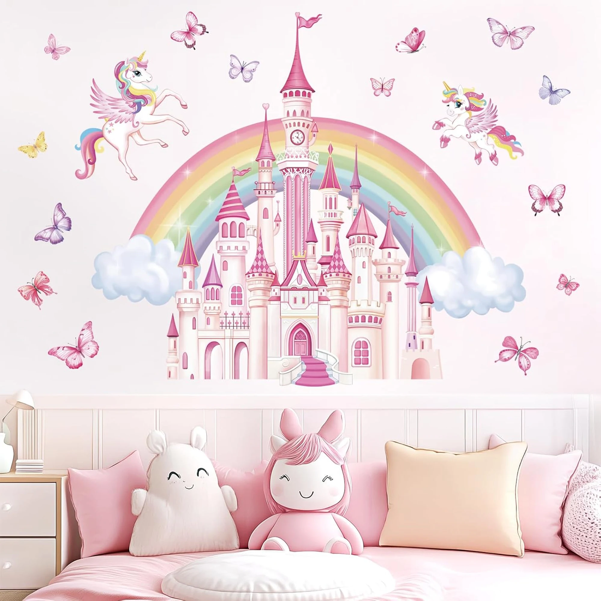 Baby Unicorn Nursery - สติกเกอร์ติดผนังปราสาทยูนิคอร์นสำหรับห้องเด็ก, สติกเกอร์ติดผนังห้องเด็กสีรุ้ง, ตกแต่งห้องนอนเด็ก, ถอดออกได้