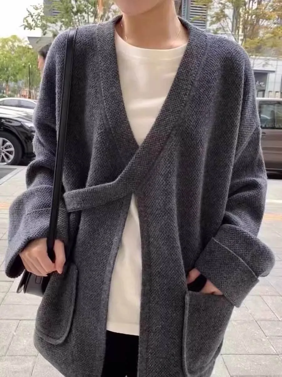 Grey V-neck Diagonal Buckle Raccoon Fleece Mid-length Sweater Women\'s Fall Winter Thickened Lazy Style Design Sense Outer Wear