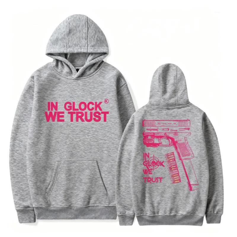 In Glock We Trust roze grafische hoodie voor heren en dames, unisex-stijl 100% katoenen trui