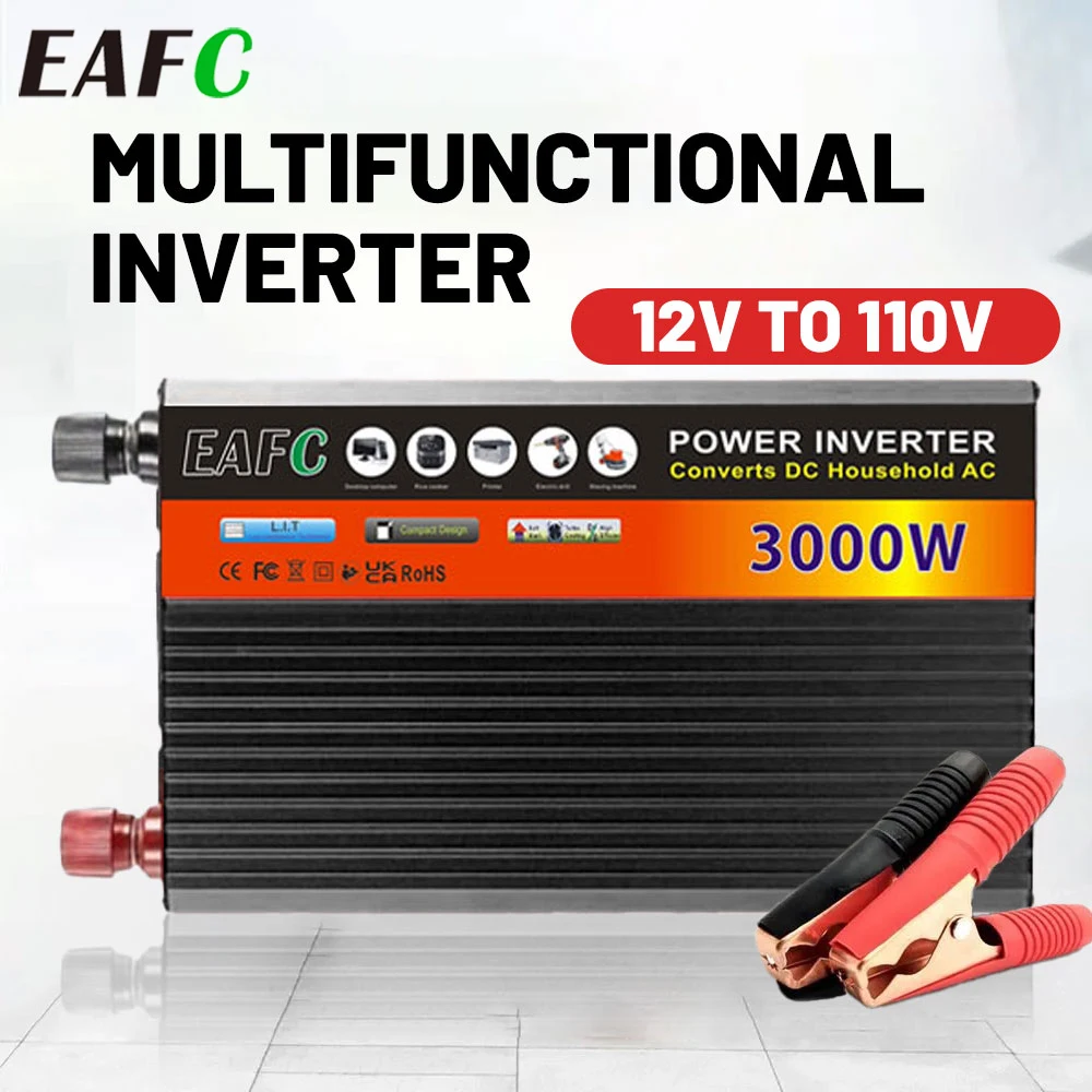 EAFC Auto-Wechselrichter DC 12 V zu AC 220 V-240 V, 3000 W, tragbare Powerbank, multifunktionale Universalsteckdose, Onboard-Konverter