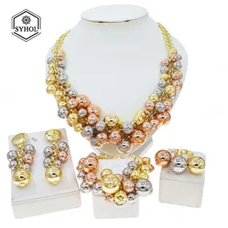 Jewelry For Women Brazilian Gold Plated Luxury Necklace Classic Three Color Ball Pendant Bracelet Earrings Wedding Bijoux SYHOL