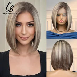 CharmSource-peluca con malla frontal para mujer, de pelo liso postizo, medio largo, color rubio y marrón, resistente al calor, alta calidad, para fiesta diaria