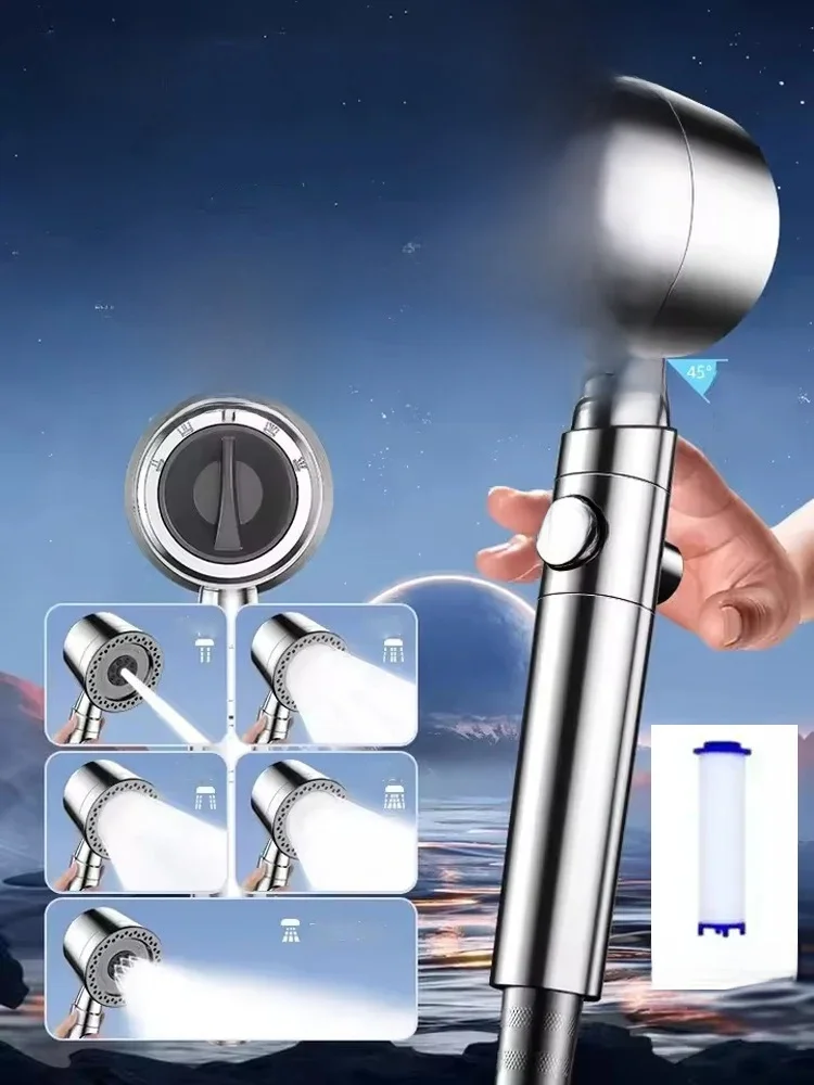 Nouvelle Pomme de Douche Pressurisée 5 Modes avec Filtre, Bouton d'Arrêt, Jets Économiseurs d'Eau, Grande Puissance, Accessoires de Salle de Bain