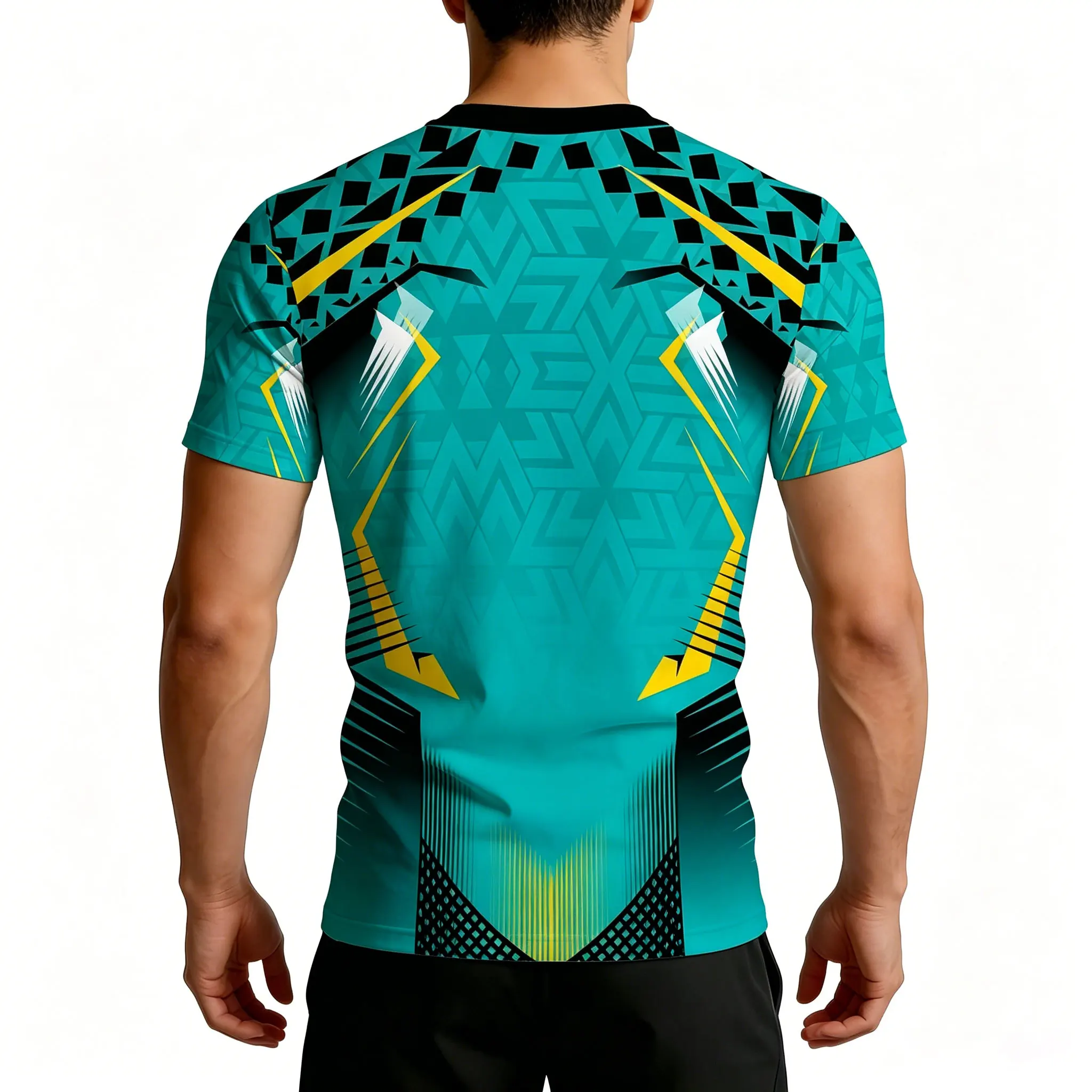 Herren Kompressions-T-Shirt mit geometrischem Tech-Print in Teal-Gelb, atmungsaktiv, schnelltrocknend, hochelastisch, Kurzarm, für Fitness und Sport – Detail 4